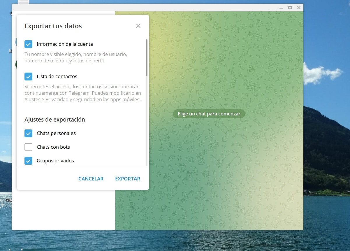 Telegram exportar datos copia de seguridad