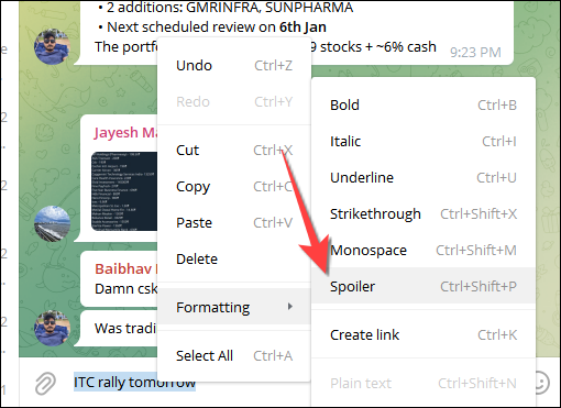 Select "Spoiler" from the formatting menu in Telegram app for desktop.