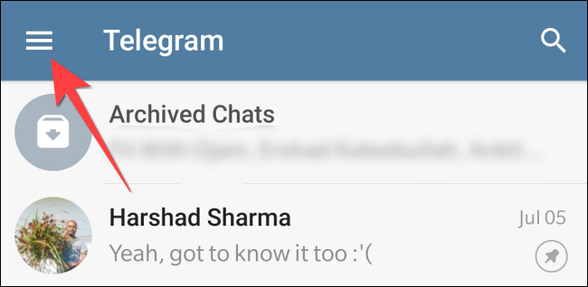 Tap the hamburger menu in the top-right corner of Telegram.