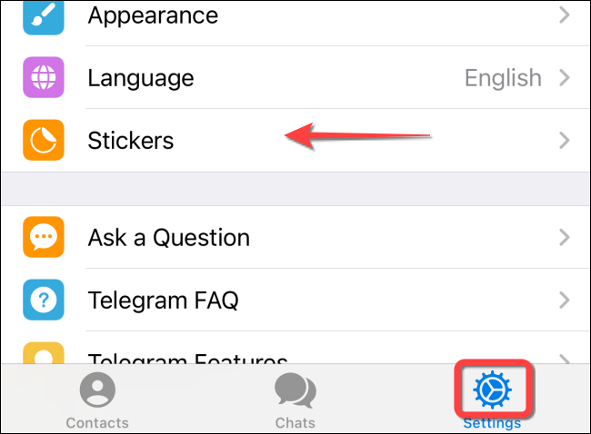 Select "Settings" and select "Stickers" in Telegram for iPhone