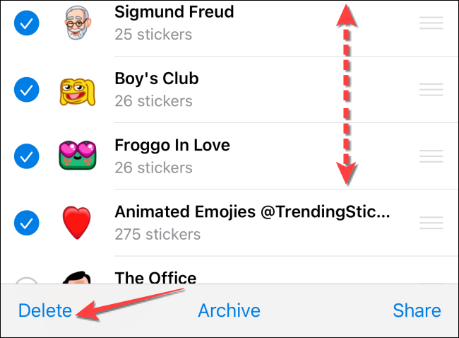 Select the stickers to "Delete" or reorder them.