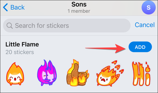 Use search bar to look for new stickers and hit "Add" to download it to your Telegram app.