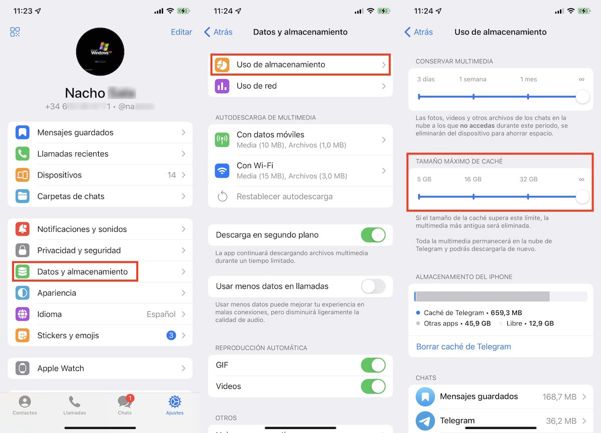limitar espacio almacenamiento Telegram