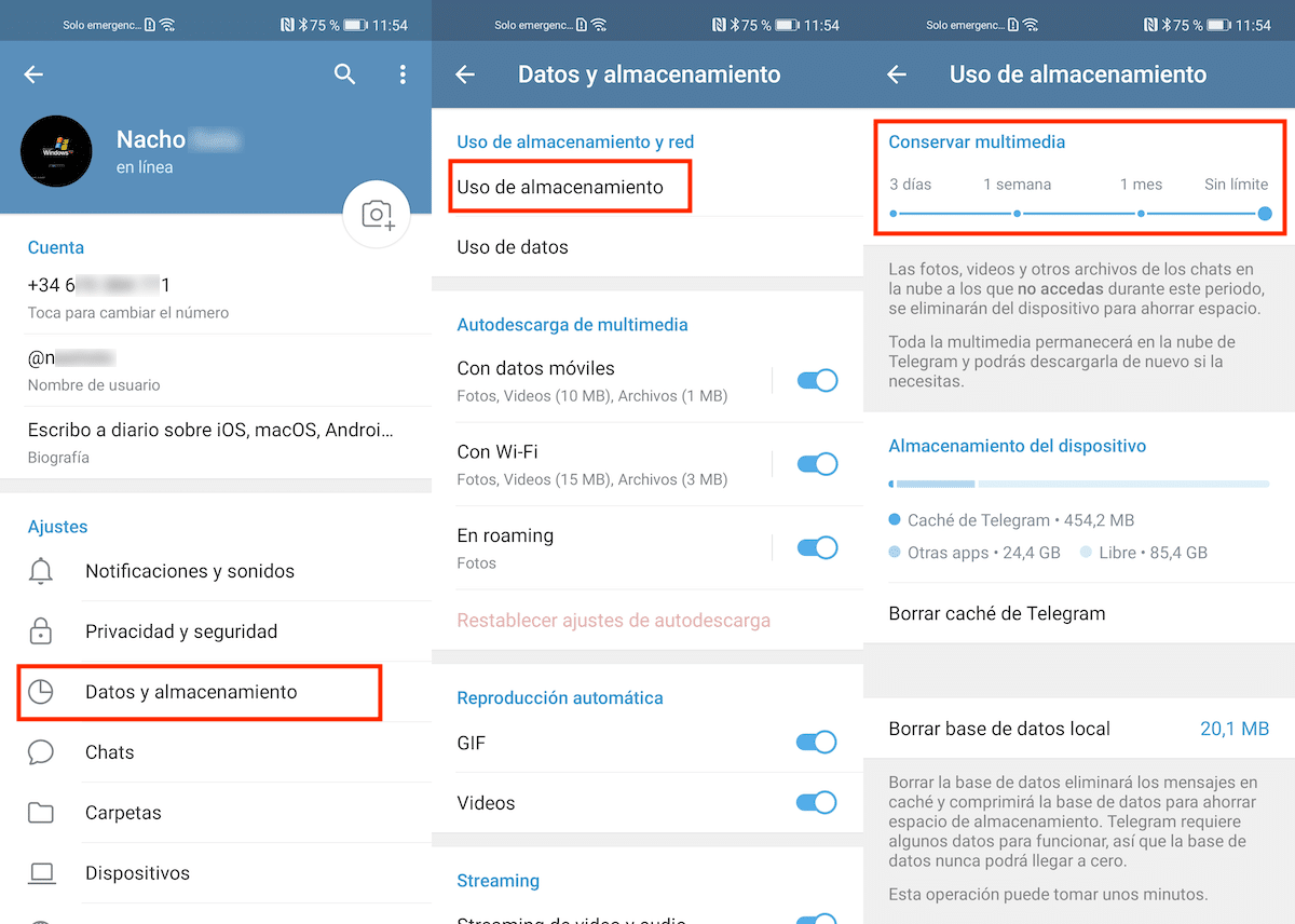 limitar el espacio que Telegram en Android