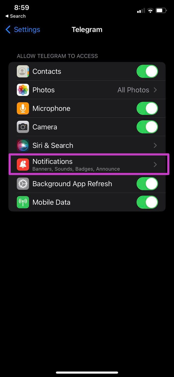 Notifications menu