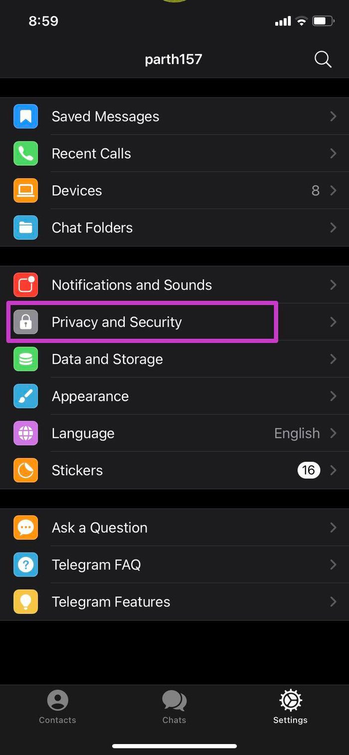 Privacy and security menu