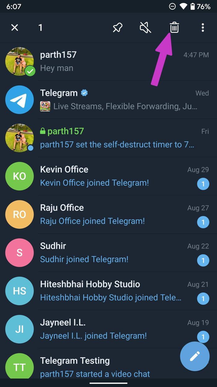 Delete telegram chat on android