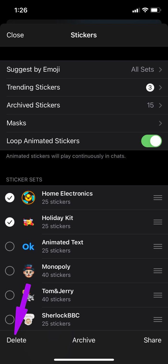 Delete telegram stickers from i Phone