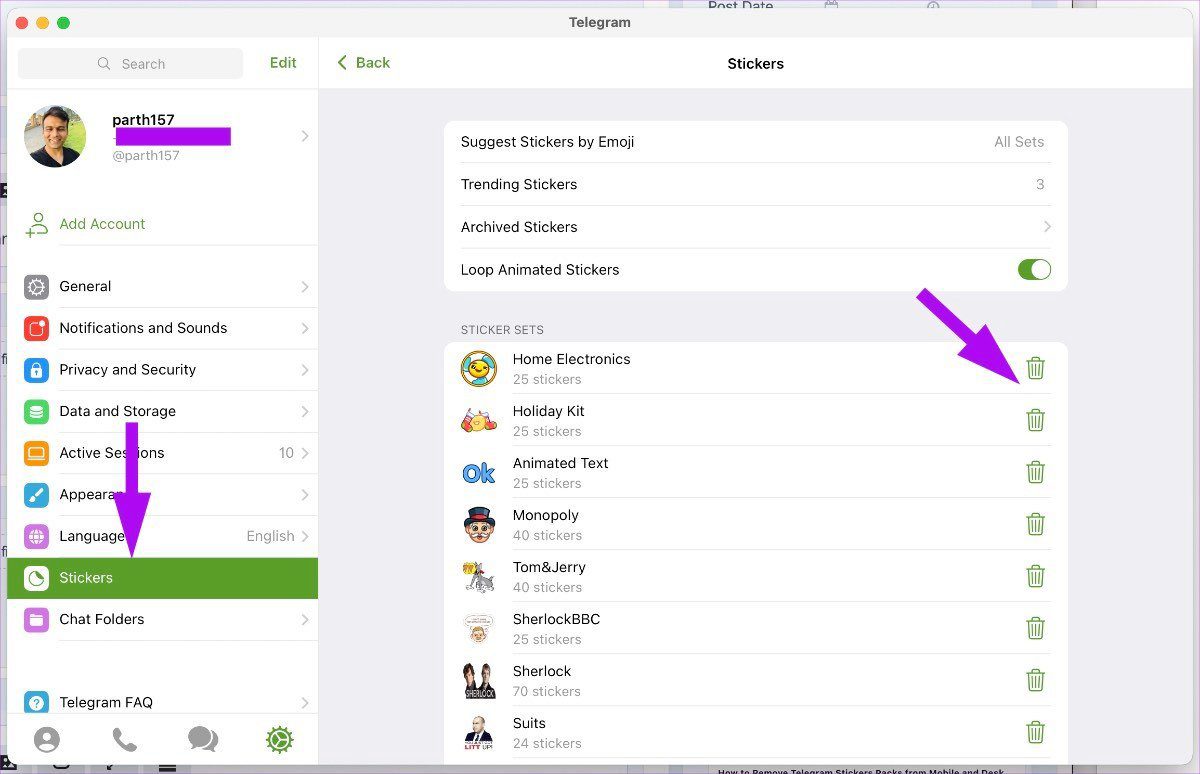 Delete sticker packs from telegram