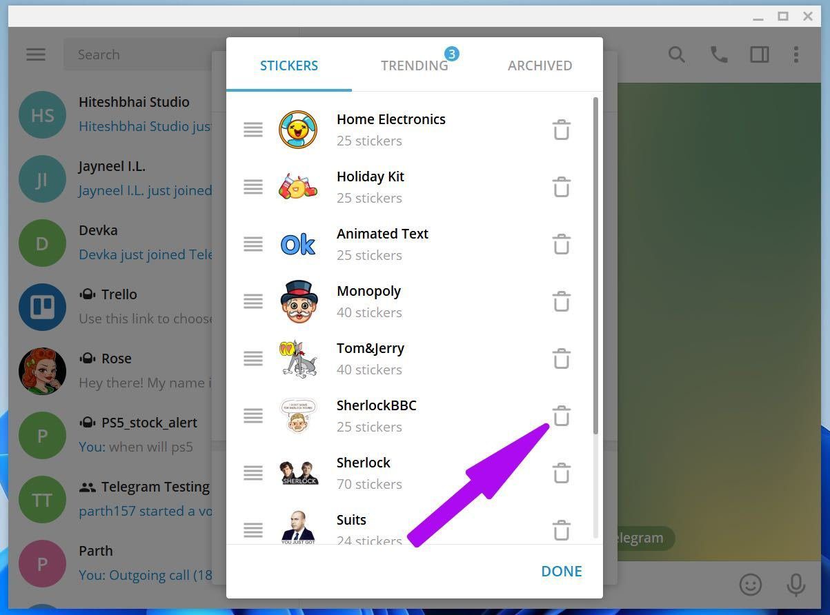 Delete sticker pack in telegram windows