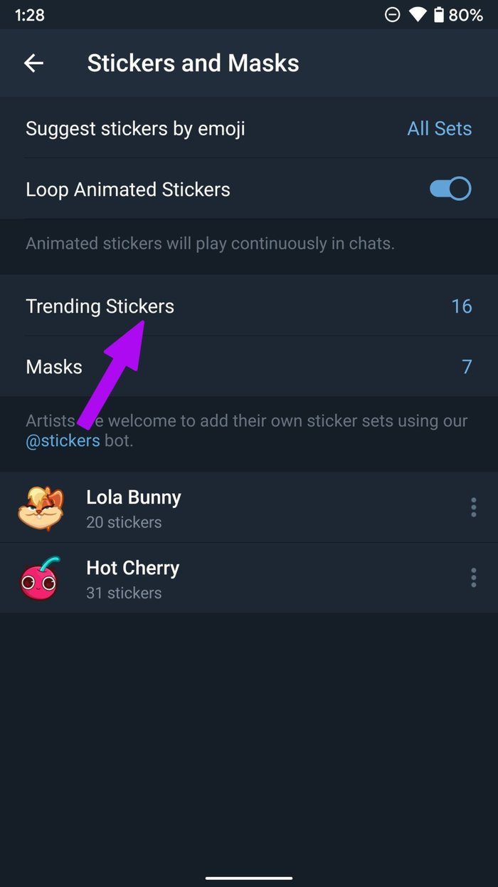 Trending stickers in telegram