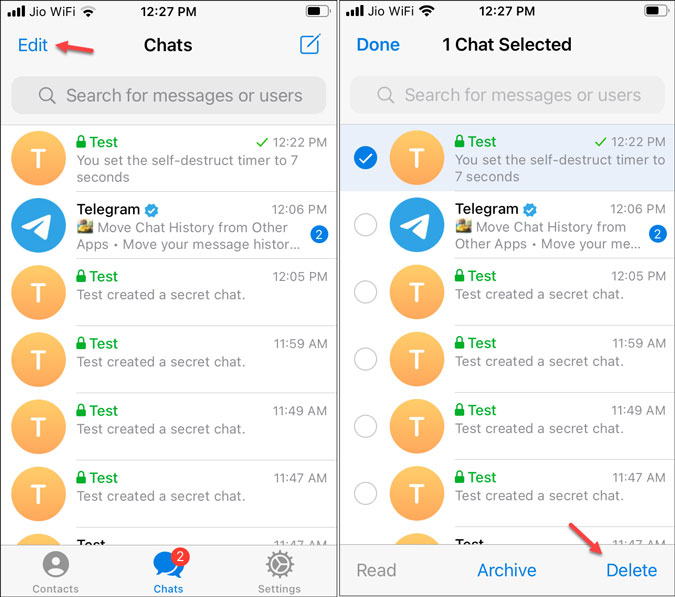 delete secret chat in telegram for ios