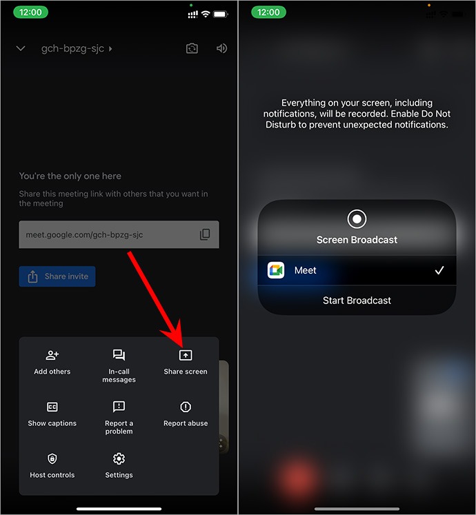 share screen on iPhone with google meet