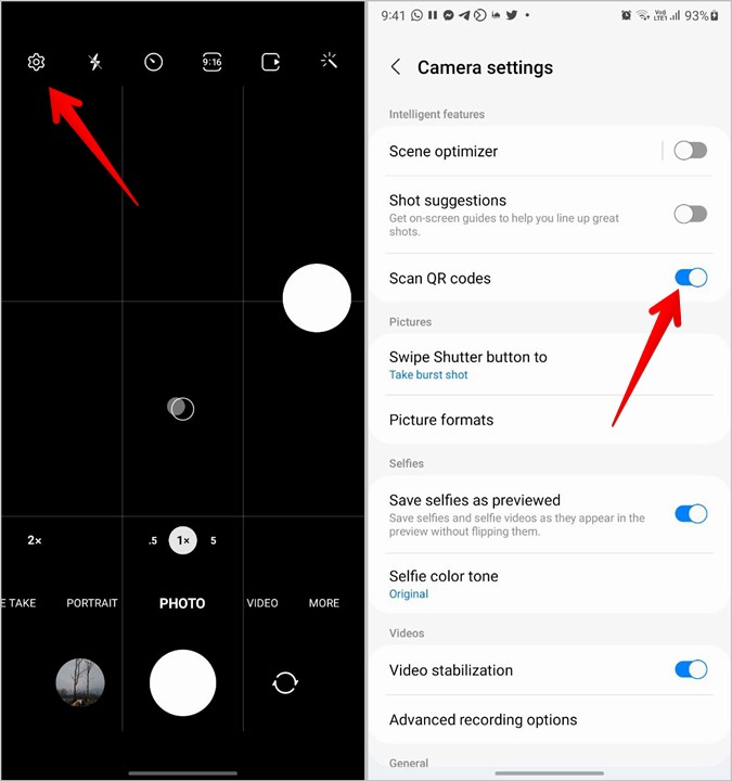 Samsung Scan QR Code Camera Settings View