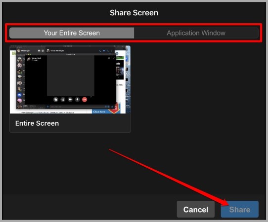 Select a Screen to Share in messenger on desktop