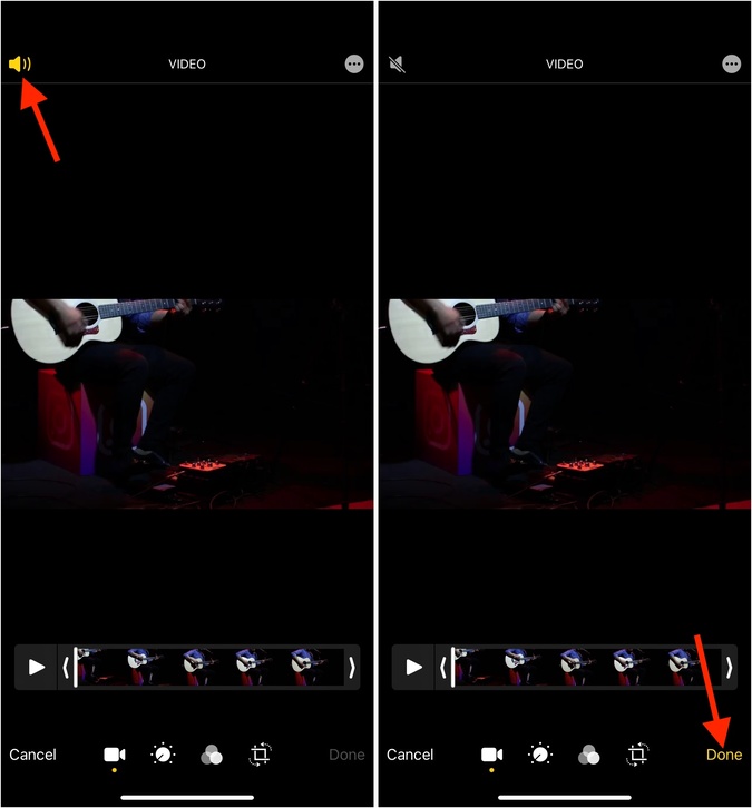 Tap Speaker icon and Done to Remove Sound from iPhone Video