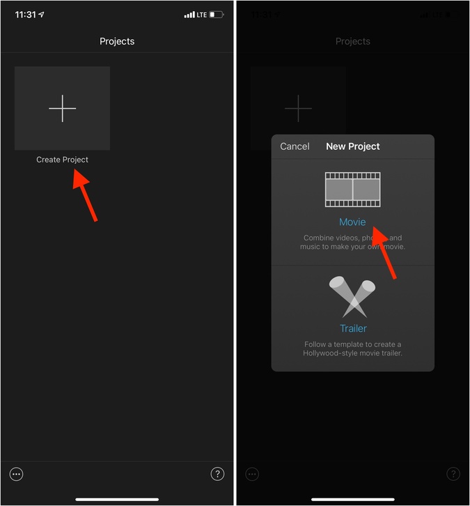 Movie Create Project in iMovie on iPhone