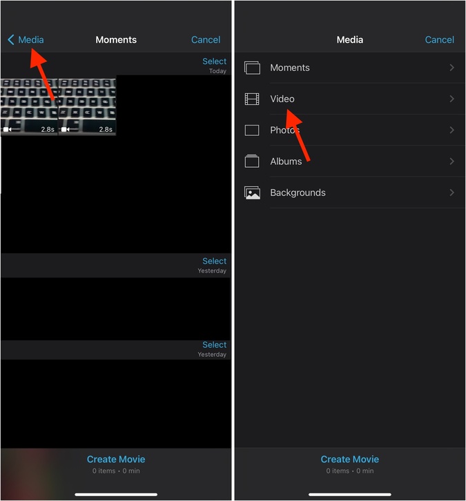 Video Media in iMovie on iPhone