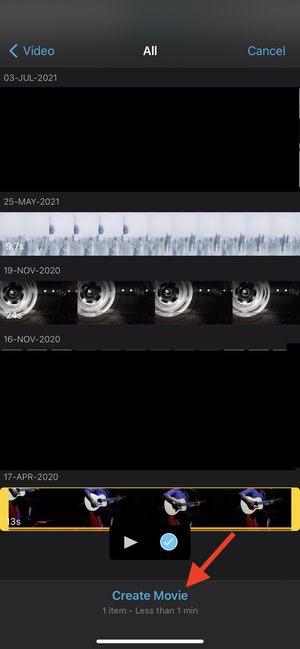 Select video and Create Movie in iMovie on iPhone