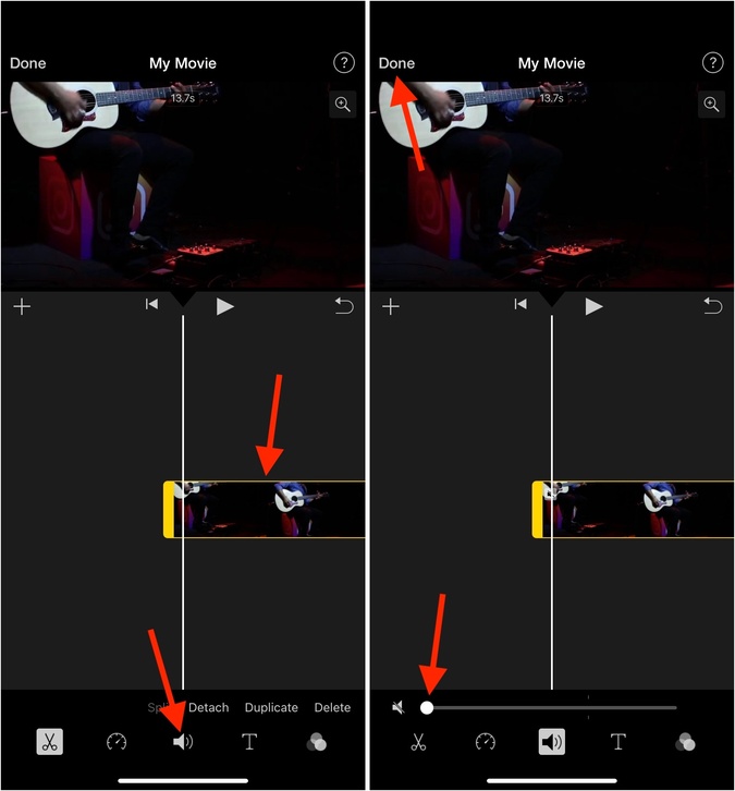 Select video tap speaker icon and set it to zero in iMovie on iPhone