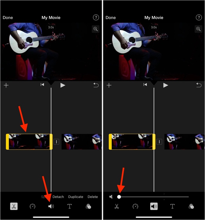 Select the split clip speaker icon and set it to zero in iMovie on iPhone