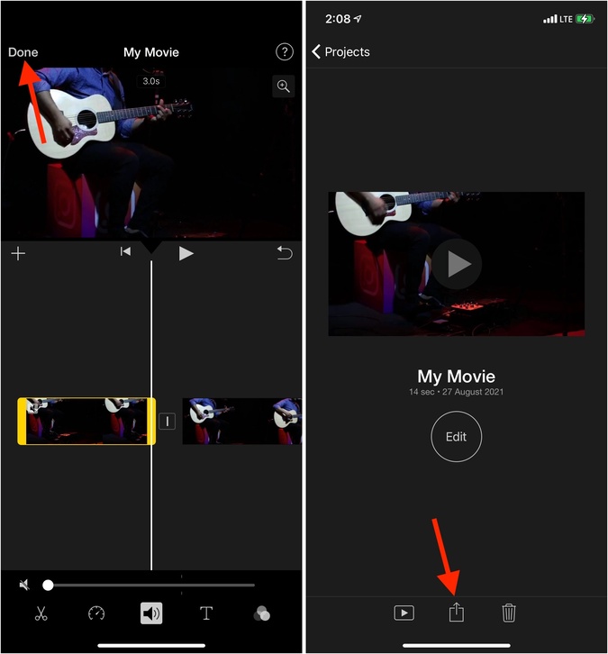 Tap Done and Share Icon to save mute video in iMovie on iPhone