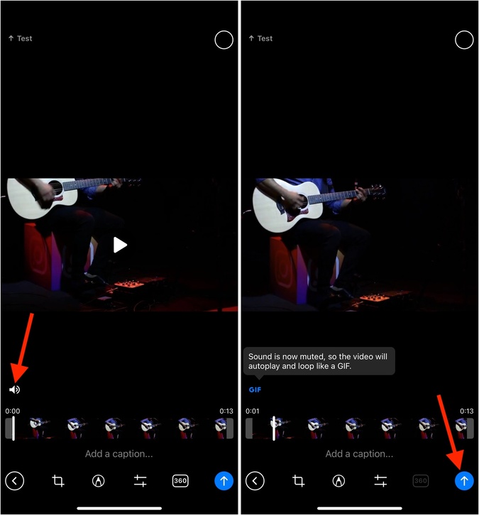 Tap speaker icon and hit send in Telegram app on iPhone to mute video sound