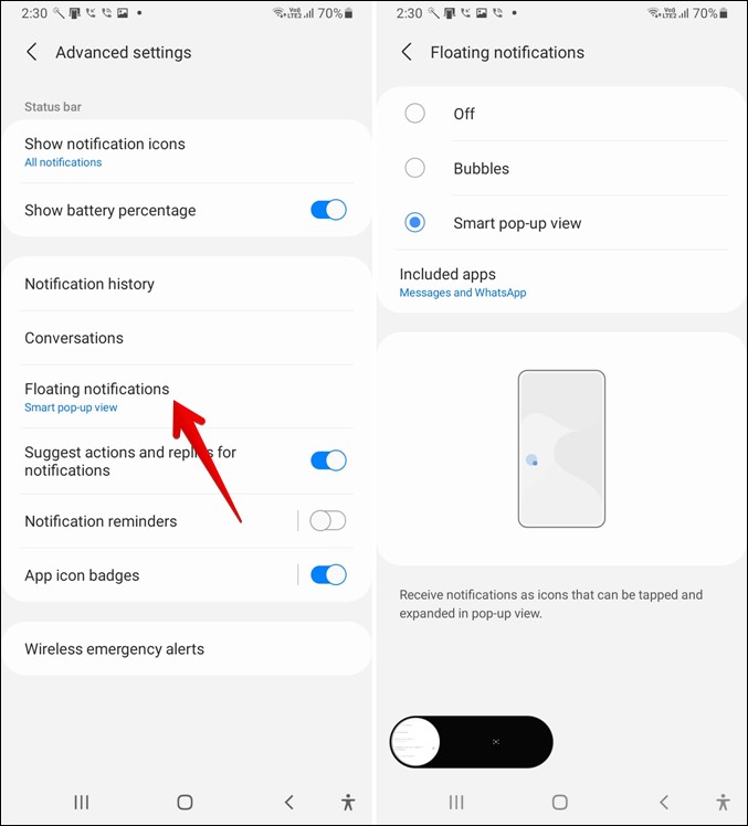 Samsung Enable FLoating Notifications