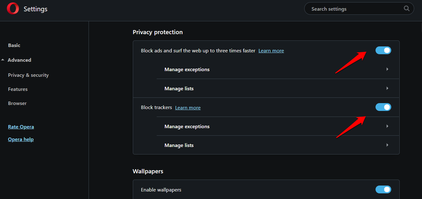 blocking ads and trackers in opera browser