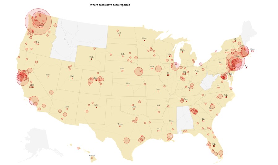 coronavirus map of USA by NYT