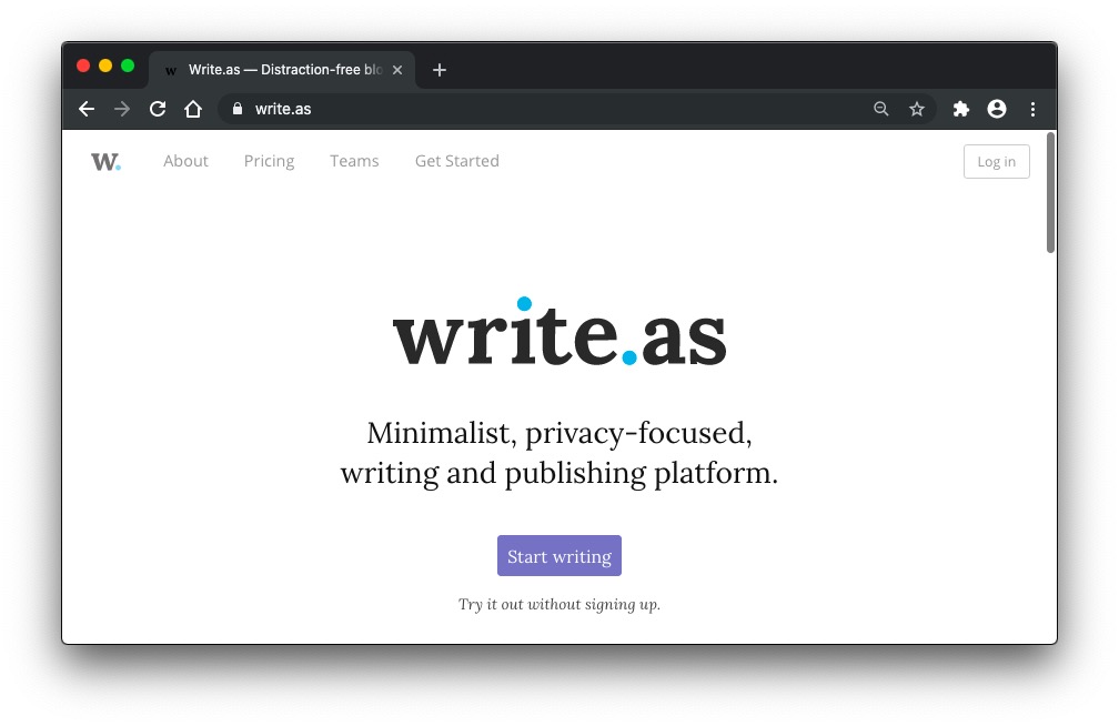 Write.as homepage screenshot