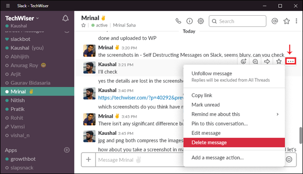 self-destructing messages on Slack- delete manually