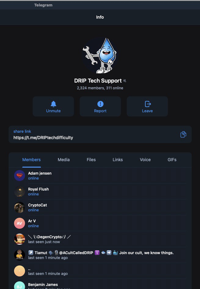 Telegram group for Drip Tech Support