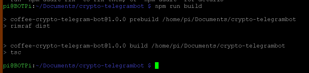 A terminal showing the completed npm install and npm build commands